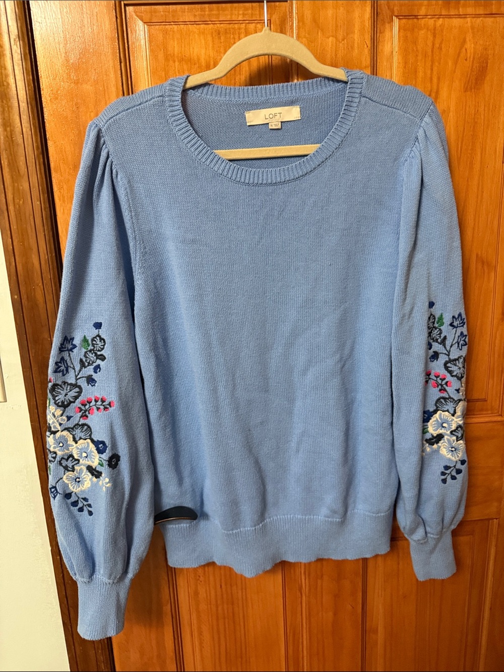 LOFT Powder Blue Embroidered Puff-Sleeve Sweater - Picture 2 of 5